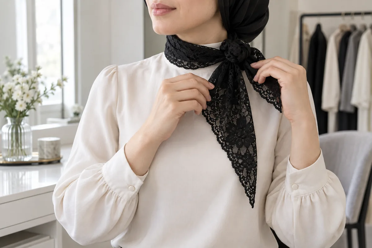 بستن مینی اسکارف مشکی با گره کنار روی بلوز ساده